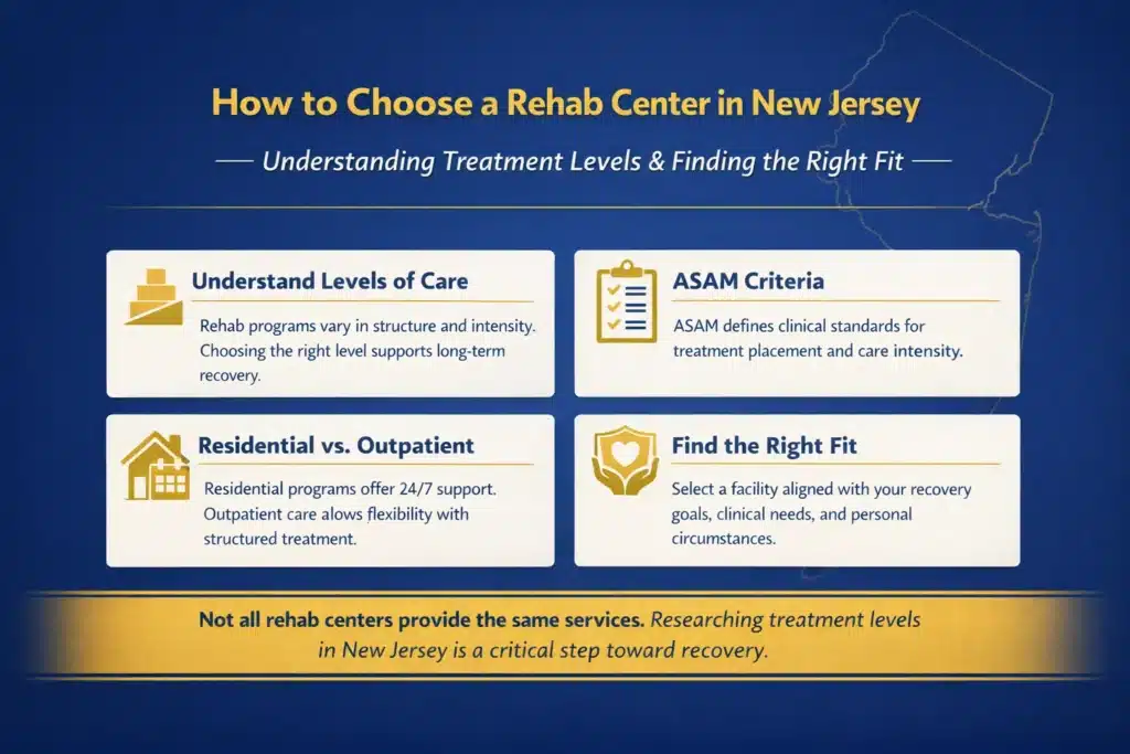 Branded infographic explaining how to choose a rehab center in New Jersey, highlighting ASAM levels of care, residential vs outpatient treatment, and key recovery considerations.