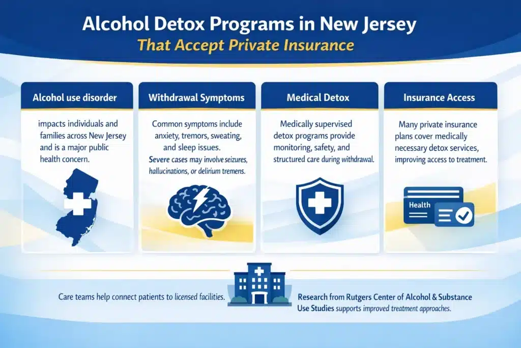 Infographic explaining alcohol detox programs in New Jersey, including withdrawal symptoms, medically supervised detox, and private insurance coverage options.
