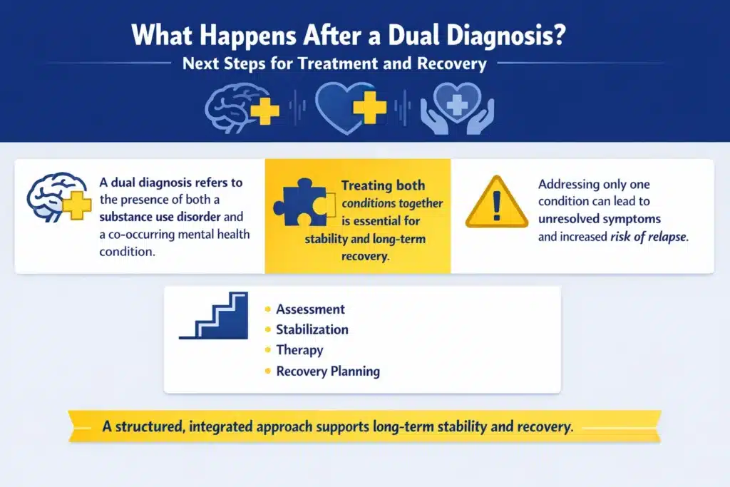 Infographic explaining what happens after a dual diagnosis, including integrated treatment, recovery steps, and mental health and substance use support.