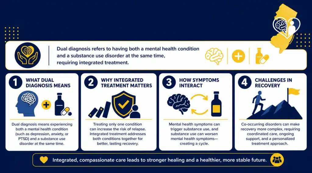 Dual diagnosis treatment New Jersey infographic explaining co-occurring mental health and substance use disorders, and key facts before starting treatment.