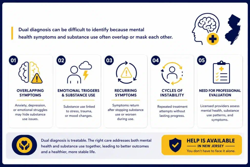 Infographic explaining signs that dual diagnosis treatment in New Jersey may be needed, including overlapping symptoms and substance use patterns.