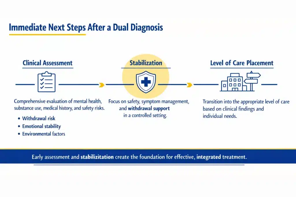 Infographic showing immediate next steps after a dual diagnosis, including clinical assessment, stabilization, and level of care placement.