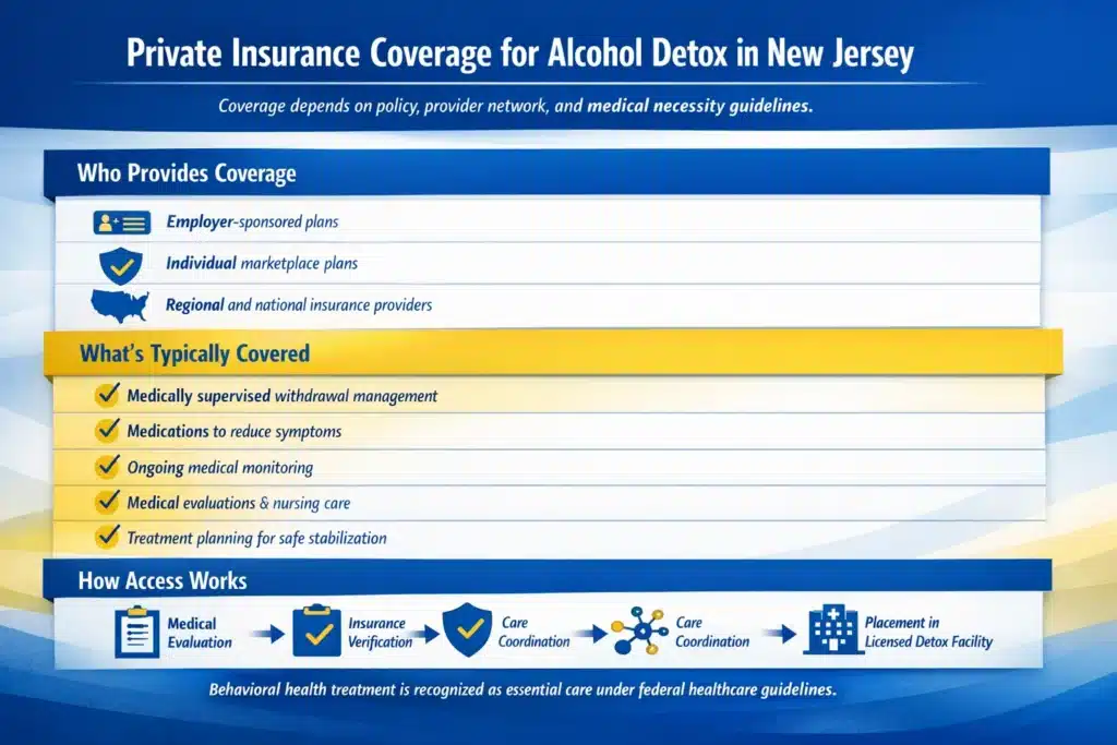 Infographic explaining private insurance coverage for alcohol detox in New Jersey, including covered services, eligibility, and the process for accessing treatment.
