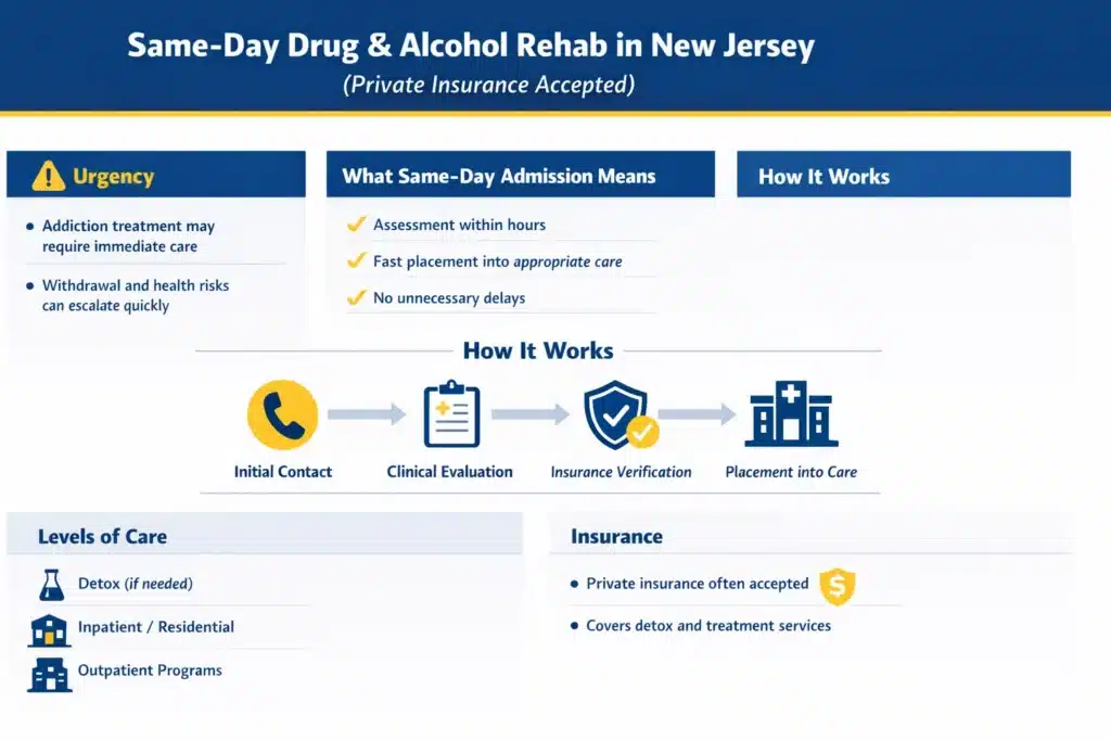 Infographic explaining same-day drug and alcohol rehab in New Jersey, including fast admission, clinical assessment, insurance verification, and levels of care