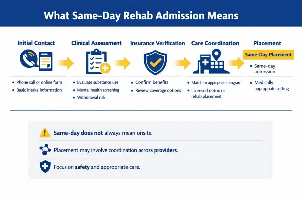 Infographic showing the same-day rehab admission process in New Jersey, including intake, clinical assessment, insurance verification, and coordinated placement