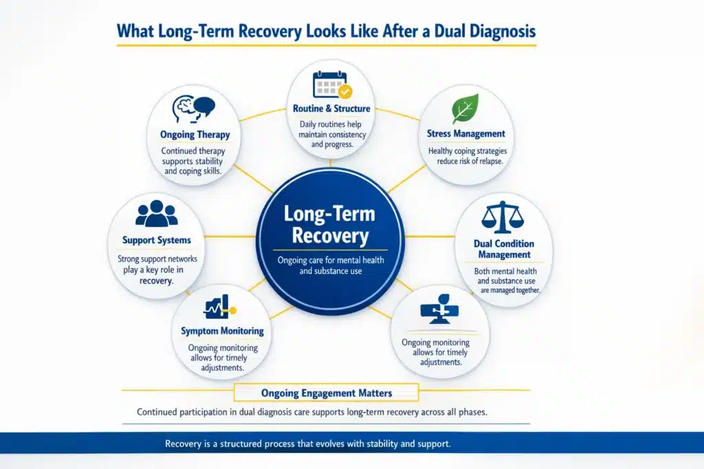 Infographic showing what long-term recovery looks like after a dual diagnosis, including ongoing therapy, routine and structure, stress management, dual condition management, symptom monitoring, and support systems.