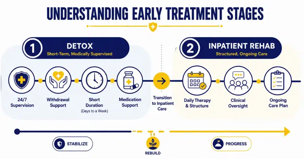 Timeline infographic showing detox and inpatient rehab stages, including supervision, withdrawal support, and transition into structured treatment.