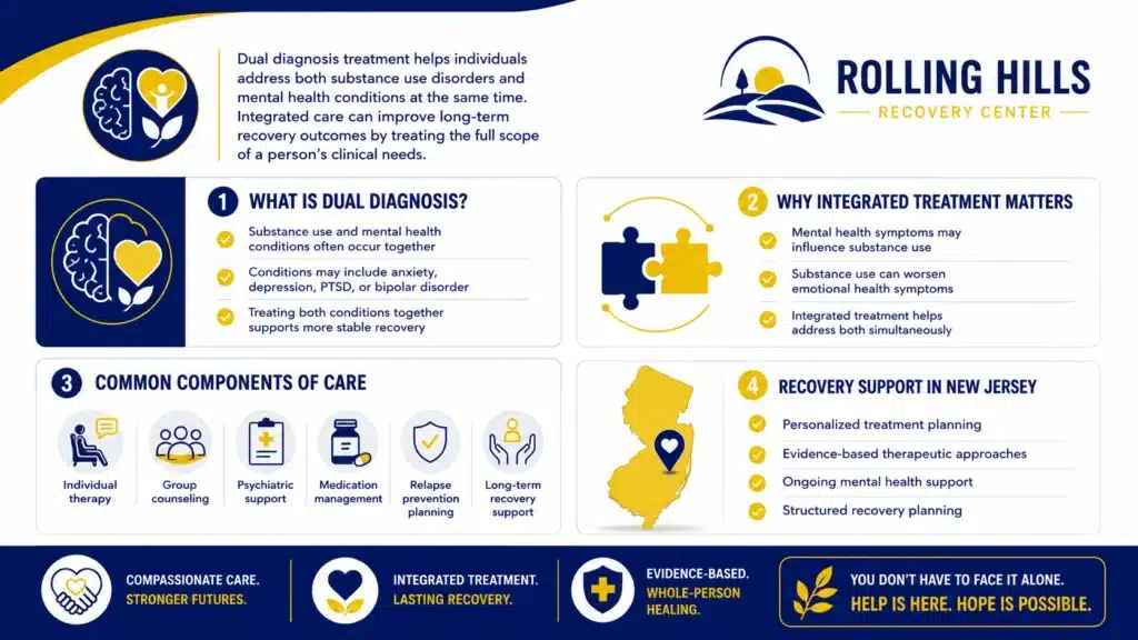 Infographic explaining how dual diagnosis treatment in New Jersey supports recovery by addressing both substance use disorders and co-occurring mental health conditions through integrated care.