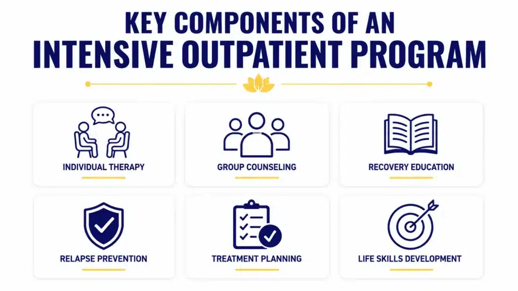 Infographic showing the key components of an intensive outpatient program, including individual therapy, group counseling, recovery education, relapse prevention, treatment planning, and life skills development.