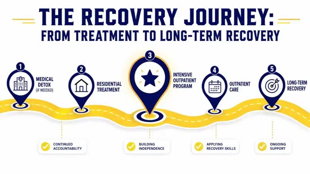Roadmap infographic illustrating the recovery journey from medical detox and residential treatment through intensive outpatient care, outpatient treatment, and long-term recovery.