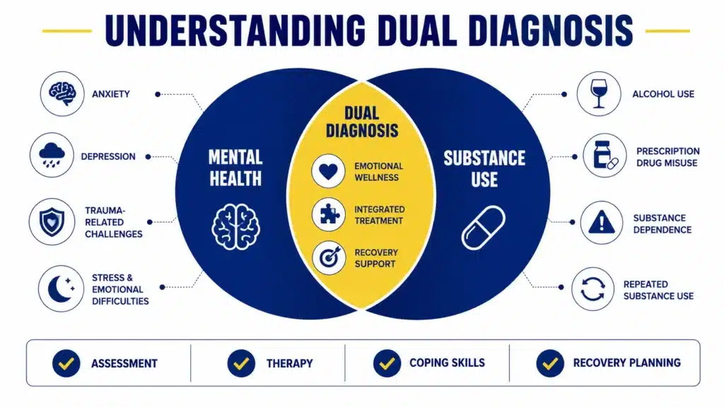 Venn diagram infographic showing the overlap between mental health concerns and substance use challenges, highlighting dual diagnosis and integrated treatment.