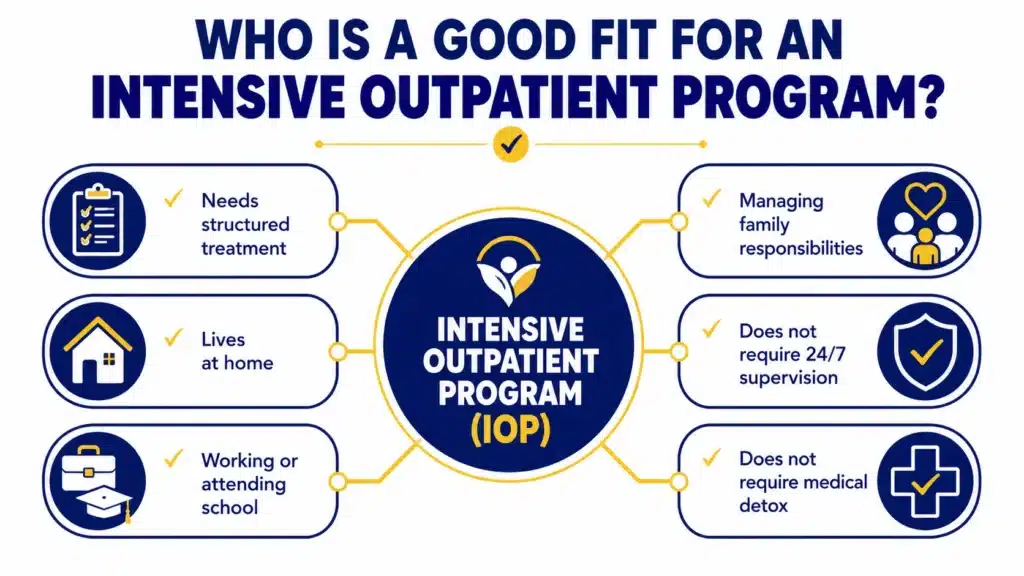 Decision tree infographic showing characteristics of individuals who may be a good fit for an intensive outpatient program, including structured treatment needs, living at home, work or school responsibilities, family commitments, and no need for medical detox or 24-hour supervision.
