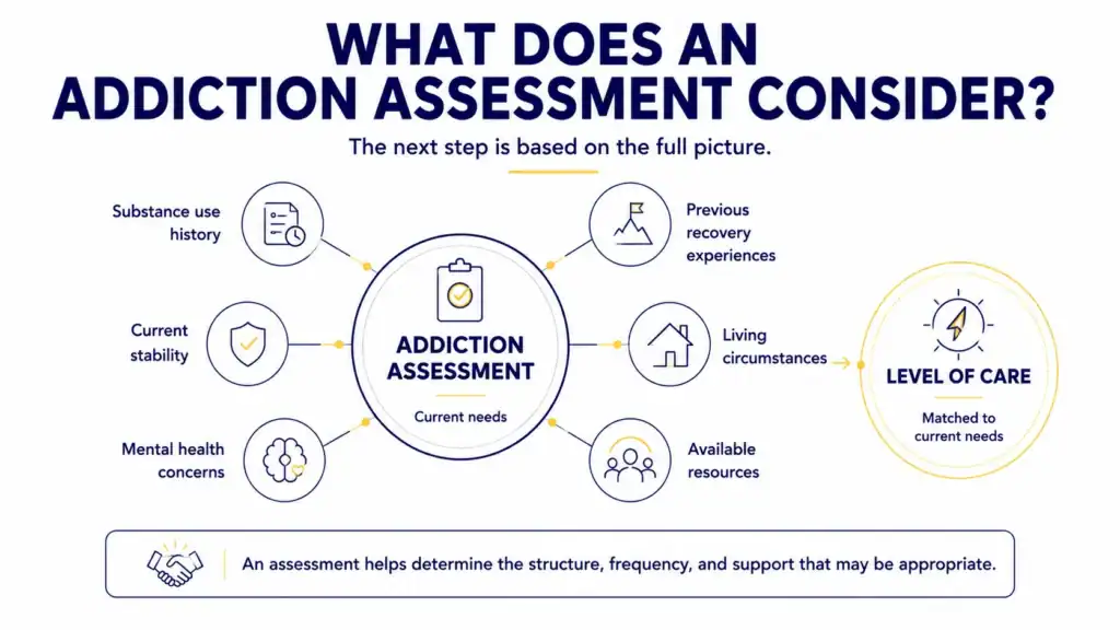 Infographic showing how substance use history, current stability, mental health, recovery experiences, living circumstances, and available resources inform an addiction assessment.