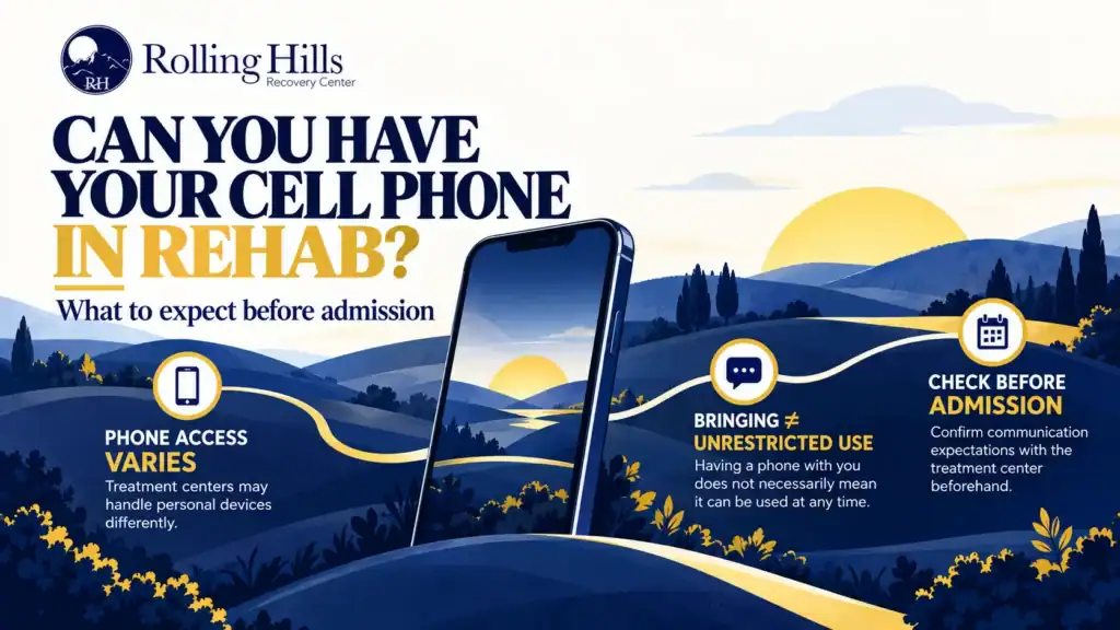 Cell phone access in rehab infographic showing different approaches to personal phone use during treatment.