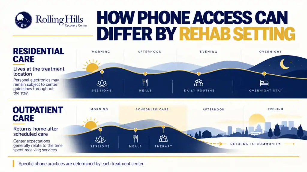 Infographic comparing phone access in residential and outpatient rehab based on time spent at the treatment center.