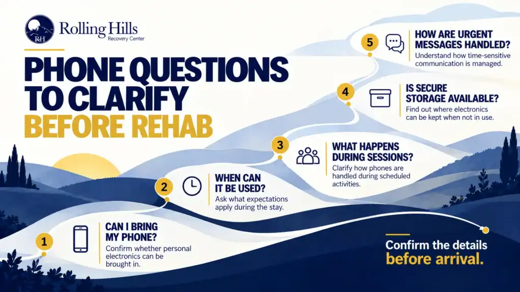 Infographic showing five questions to clarify about phone use, storage, scheduled activities, and urgent communication before rehab.