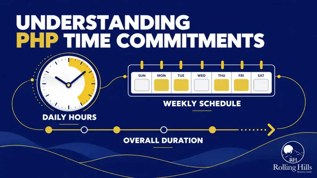 Rolling Hills Recovery Center infographic illustrating PHP treatment daily hours, weekly attendance, and overall program duration.