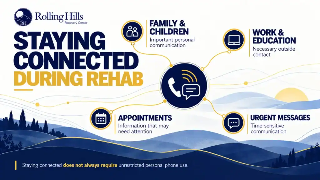 Infographic showing important communication during rehab involving family, children, work, education, appointments, and urgent messages.