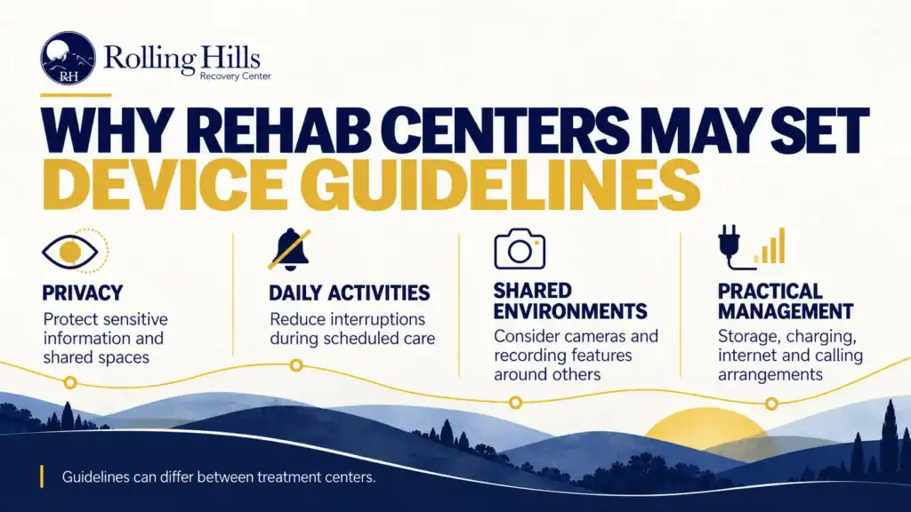 Infographic showing why rehab centers may set personal device guidelines, including privacy, daily activities, shared spaces, and practical management.